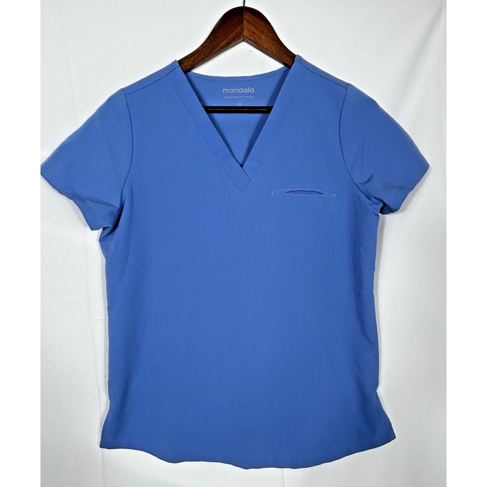 Mandala Womens One Pocket V Neck Scrub Top Equa-Tek‎ Tech Solid Blue Size XS